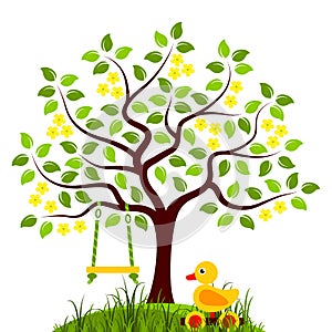 Flowering tree with swing and duck pull toy