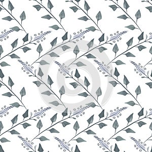 Flowering twigs and leaves of mint or lemon balm in a dusty green color in sketch style. Seamless watercolor pattern for