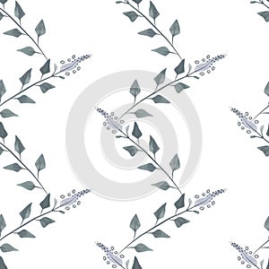 Flowering twigs and leaves of mint or lemon balm in a dusty green color in sketch style. Seamless watercolor pattern for