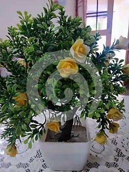 A flowering vase on a table used for decoratio