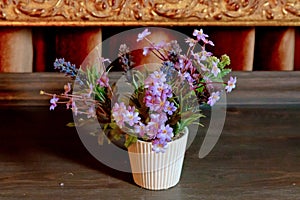 Flowerpot . Beautiful houseplant with flowerpot on light wooden office table texture and white background captured by front view.