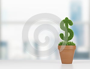 A flowerpot with grass green dollar sign on the table.