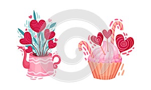 Flowerpot with Heart and Cupcake with Candy Cane as Saint Valentine Day Symbol Vector Set