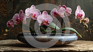 A flowerpot with pink orchids decorates the wooden table