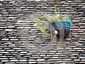 Flowerpot on stone wall background