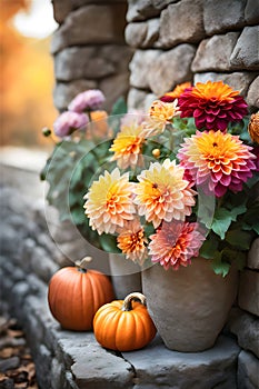 Flowerpots with beautiful dahlias