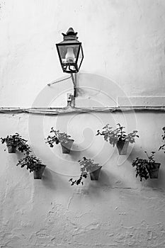 Flowerpots on house wall in Cordoba