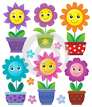 Flowerpots with smiling flowers set 1