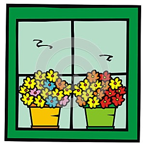Flowerpots in window, vector illustration