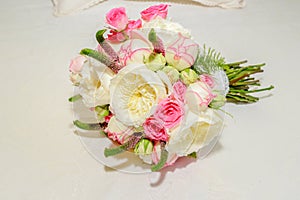 Bouquet of roses and peonies, pink and white. Rosa Ãâ damascena,Rosa Desdemona,Paeoniaceae. Rose Juliet. photo