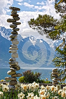 Flowers against mountains and lake Geneva from the Embankment in Montreux