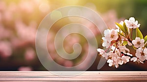 Flowers arrayed on a wooden table in a verdant garden, with blurred bokeh lights and a flare effect, Ai Generated