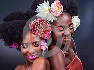 Flowers, art and black women with beauty, skincare and creative or eco friendly cosmetics in spring. Natural, afro and