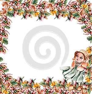 Flowers autumn square frame, border for card. Watercolor illustration for scrapbooking isolated in white background. Hand drawn