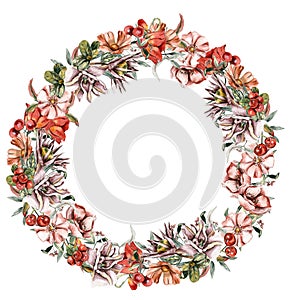 Flowers autumn wreath, for card,background. Watercolor illustration for scrapbooking isolated in white background. Cartoon hand