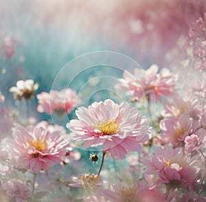 Flowers background. beautiful pink flowers blossom in bright pink, blue colors. art