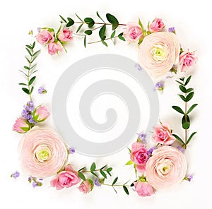 Flowers background. Flowers wreath frame from pink flowers roses and ranunkulus, eucalyptus branshes