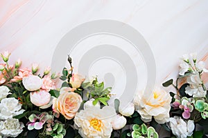 Flowers background. Summer blooming delicate peonies and roses, festive background, pastel and soft bouquet floral card.