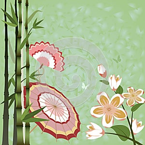 Flowers, bamboo, japanese fan and umbrella, green background.