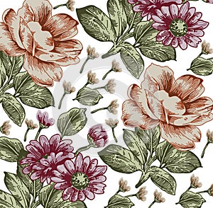 Flowers peonies asters pattern. Realistic isolated flowers. Vintage baroque background. Wallpaper. Drawing engraving.