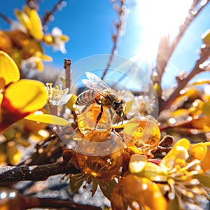 flowers and bee and butterfly sitting on fruits, mandarin,olives,apples flowering branch with drops of morning dew water