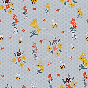 Flowers and bees seamless vector pattern