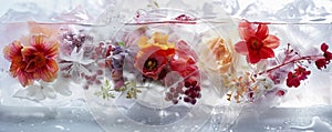 Flowers and berries encapsulated in ice