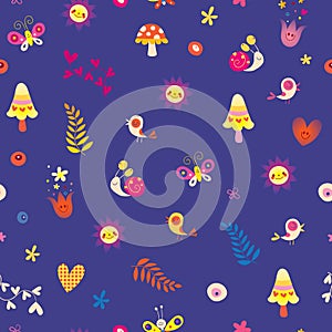 Flowers birds mushrooms butterflies snails hearts seamless pattern