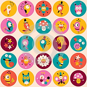 Flowers, birds, mushrooms & snails characters circles pattern