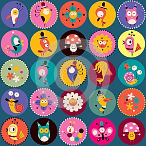 Flowers, birds, mushrooms & snails characters circles pattern