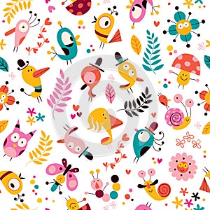 Flowers, birds, mushrooms & snails characters nature pattern