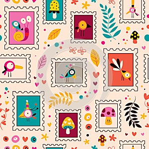 Flowers, birds, mushrooms & snails characters nature pattern