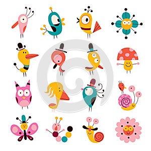 Flowers, birds, mushrooms & snails characters set