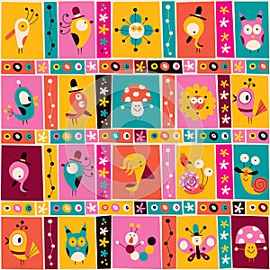 Flowers, birds, mushrooms & snails cute characters nature pattern