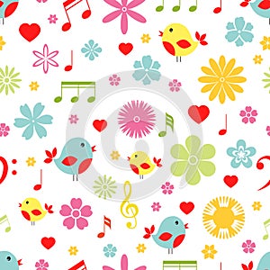 Flowers birds and music notes seamless pattern