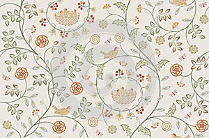 Flowers and birds seamless pattern on light background. Vector illustration.