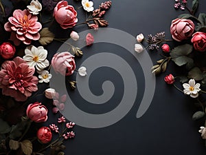 Flowers on black background. Flat lay, top view, copy space