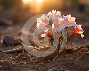 flowers blooming in the desert at sunset