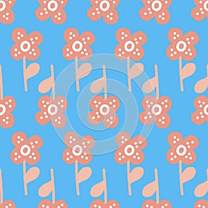 Flowers on blue background seamless pattern for textile and packaging design, illustration simple flat art