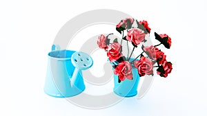 Flowers in blue bucket near watering can.