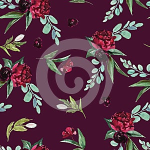 Flowers bouquet arrangement on maroon / burgundy background. Watercolor hand painted seamless pattern. Floral illustration