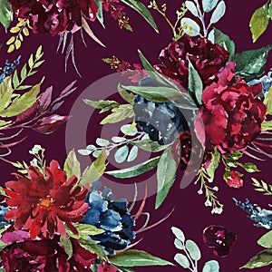 Flowers bouquet arrangement on maroon / burgundy background. Watercolor hand painted seamless pattern. Floral illustration