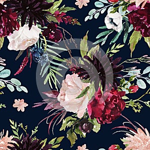 Flowers bouquet arrangement on navy background. Watercolor hand painted seamless pattern. Floral illustration