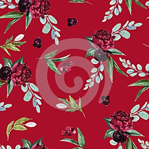 Flowers bouquet arrangement on red background. Watercolor hand painted seamless pattern. Floral illustration
