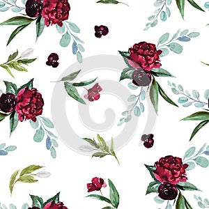 Flowers bouquet arrangement on white background. Watercolor hand painted seamless pattern. Floral illustration