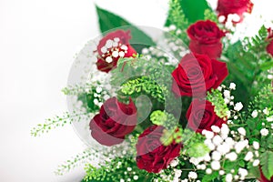 Flowers bouquet close up red roses on white background thank you and love card design room for text