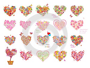 Flowers bouquet collection in heart shapes for greeting card, mother’s day, wedding invitations. Part 2 of hearts huge set