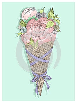 Flowers bouquet in ice cream cone with ribbon