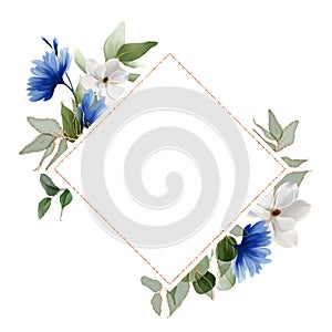 Flowers bouquet isolated on white background. White, purple, very peri tropical flowers with green leaves. Spring floral