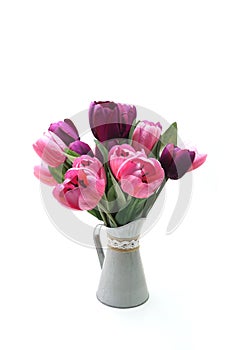 Flowers Bouquet in metal vase on white background